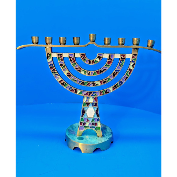 Hanukkah Menorah 9 Branch Brass Enamel Candle Holder 7" Tall Made in Israel - Picture 9 of 14